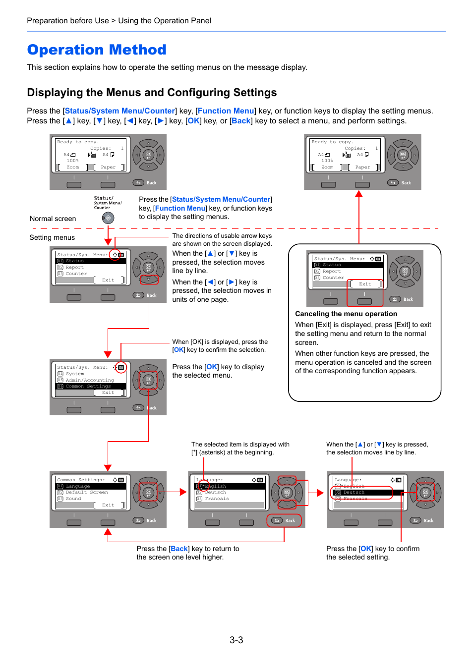 Operation method, Operation method -3, Displaying the menus and configuring settings | TA Triumph-Adler 2256 User Manual | Page 78 / 267