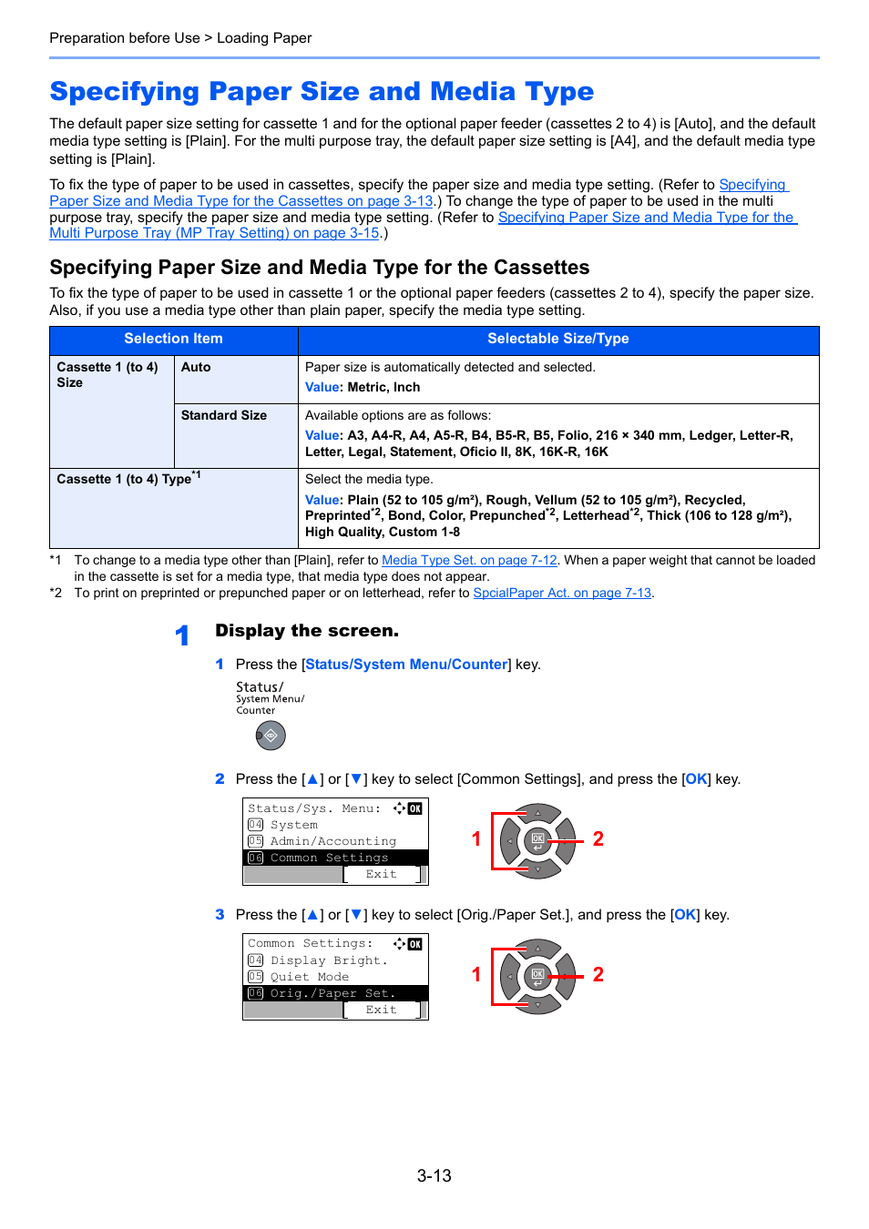 Specifying paper size and media type, Specifying paper size and media type -13, Display the screen | TA Triumph-Adler 2256 User Manual | Page 88 / 267