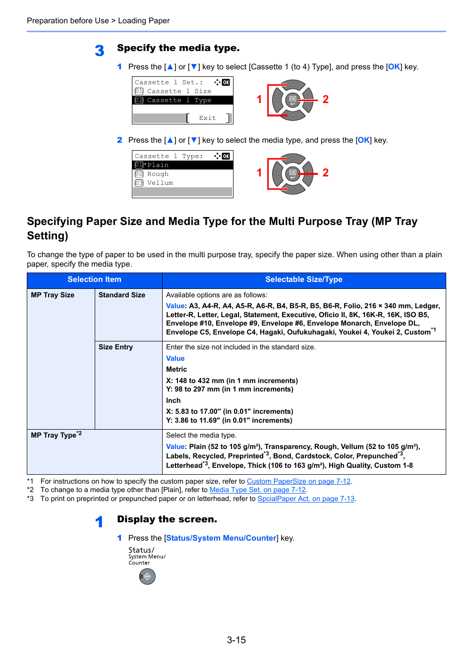 Specifying paper size and media type for the, Specifying, Specify the media type | Display the screen | TA Triumph-Adler 2256 User Manual | Page 90 / 267