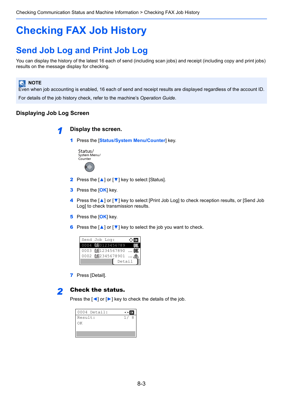 Checking fax job history, Send job log and print job log, Checking fax job history -3 | Send job log and print job log -3 | TA Triumph-Adler 2256 User Manual | Page 104 / 152