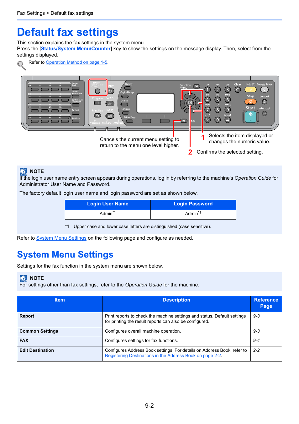 Default fax settings, System menu settings, Default fax settings -2 | System menu settings -2, Refer to | TA Triumph-Adler 2256 User Manual | Page 112 / 152