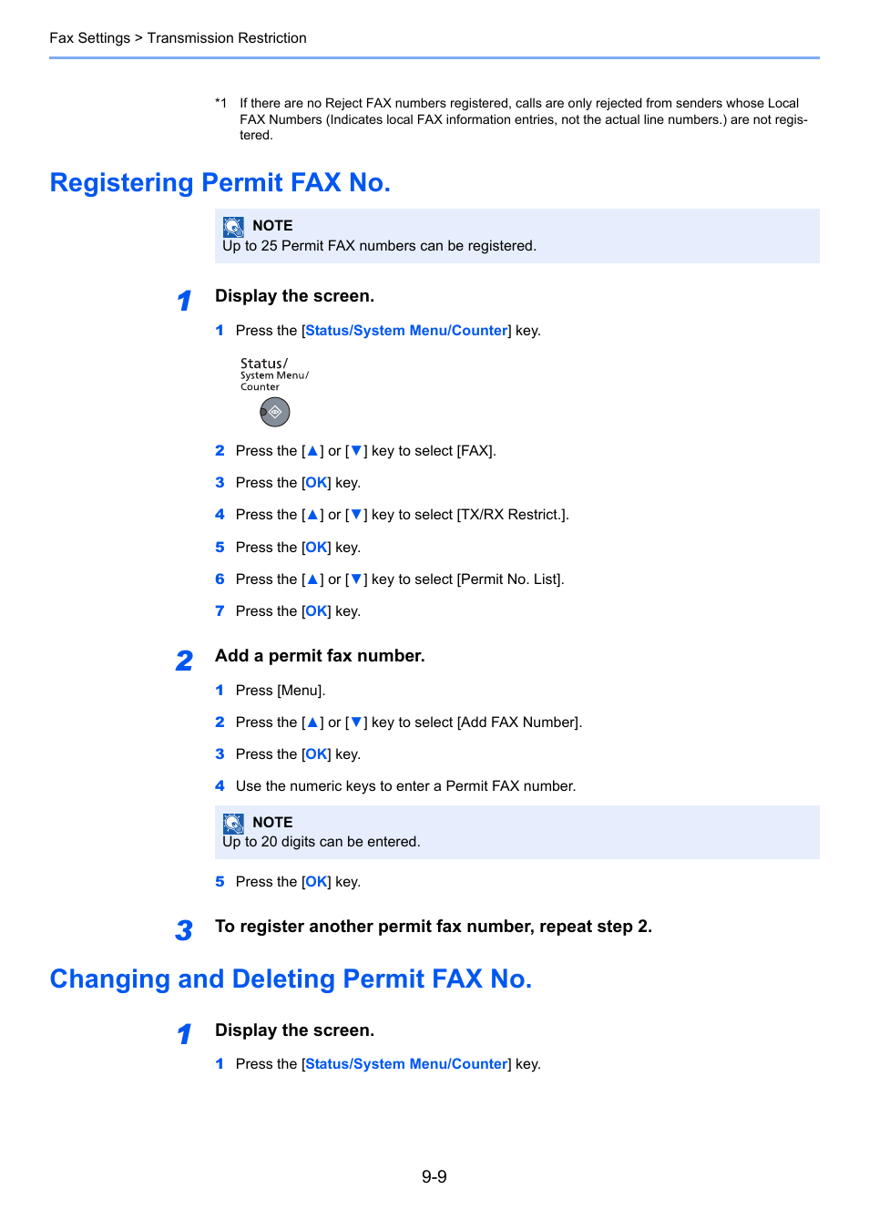 Registering permit fax no, Changing and deleting permit fax no | TA Triumph-Adler 2256 User Manual | Page 119 / 152