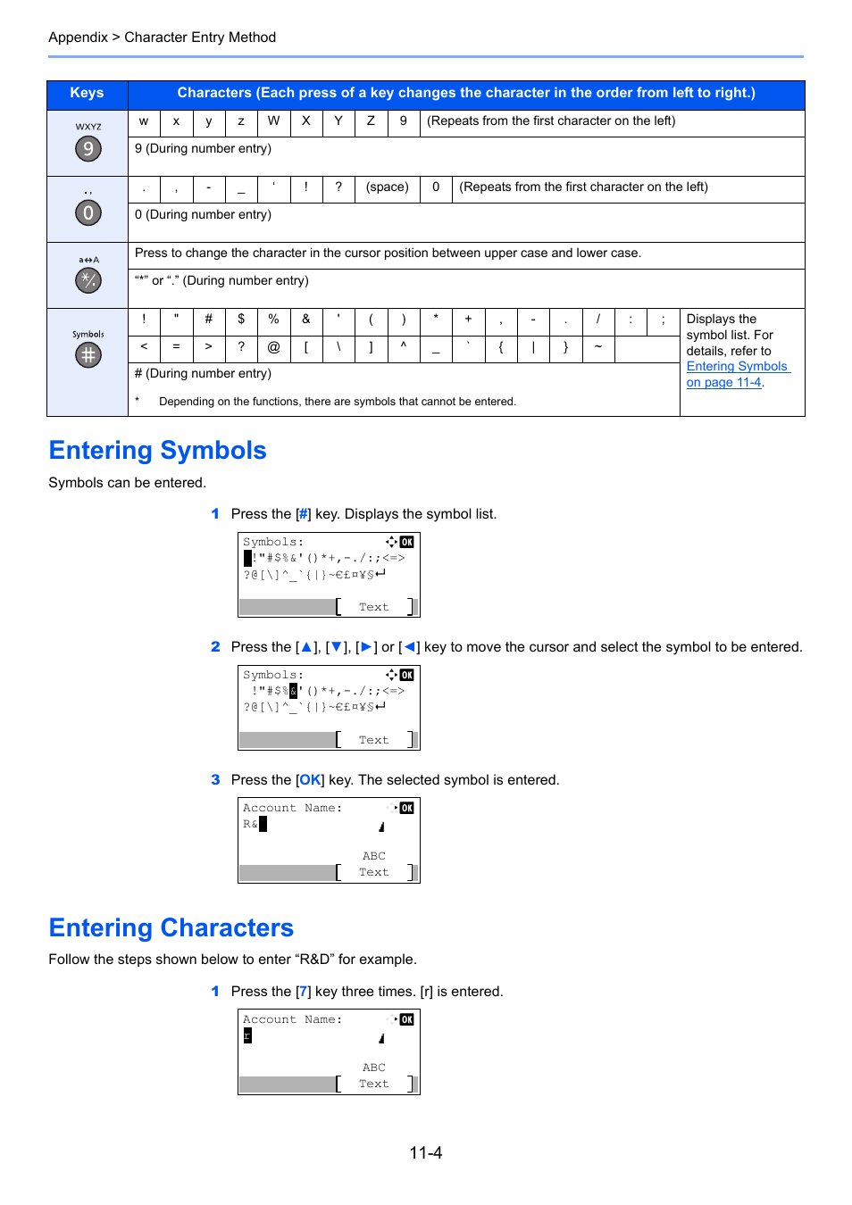 Entering symbols, Entering characters, Entering symbols -4 entering characters -4 | TA Triumph-Adler 2256 User Manual | Page 139 / 152