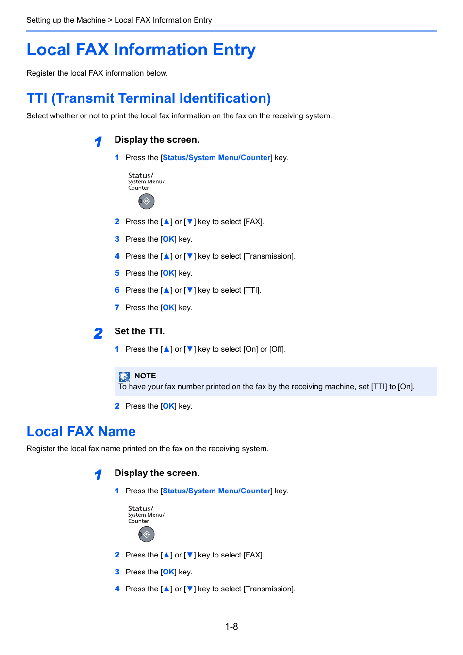 Local fax information entry, Tti (transmit terminal identification), Local fax name | Local fax information entry -8 | TA Triumph-Adler 2256 User Manual | Page 22 / 152