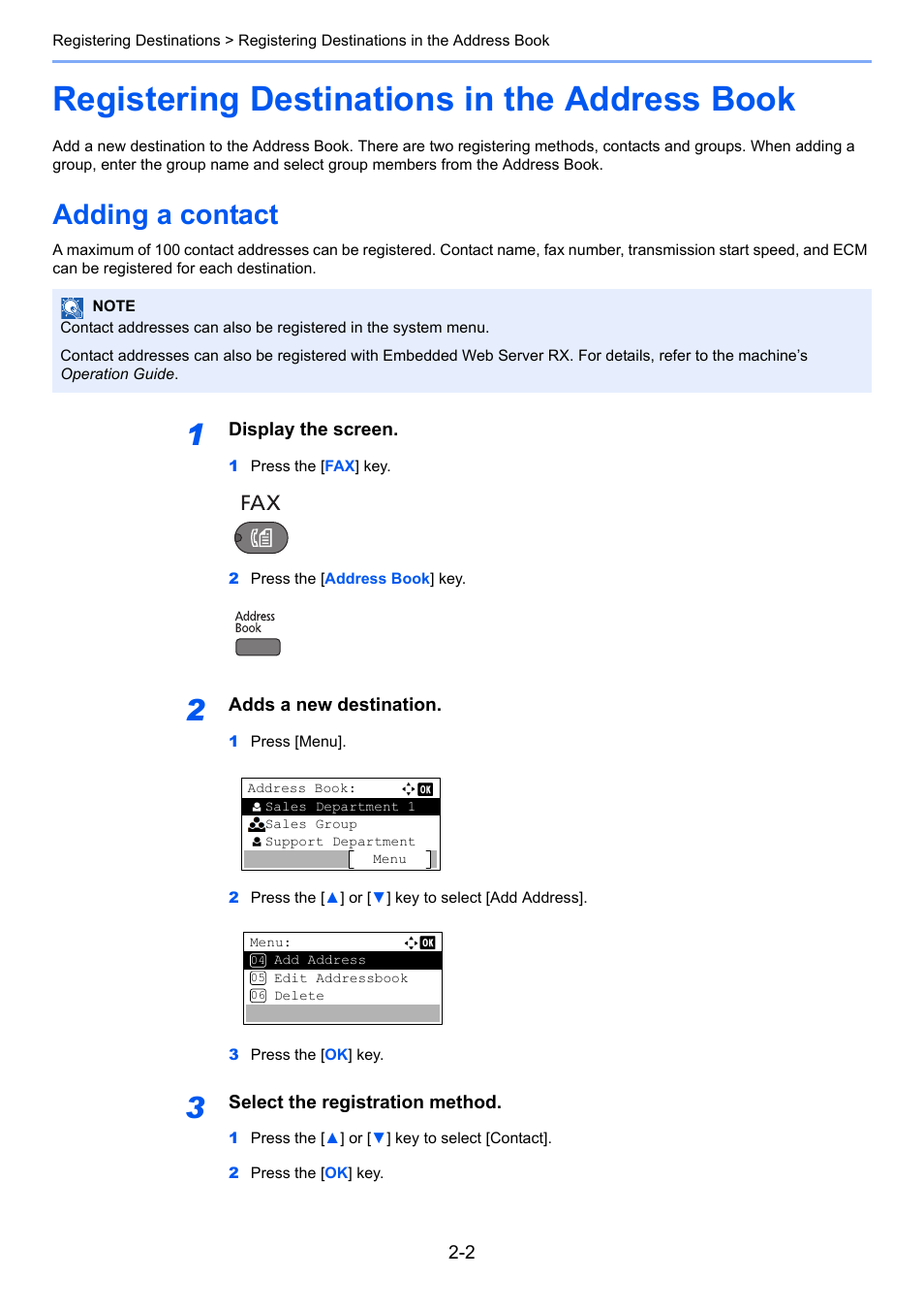Registering destinations in the address book, Adding a contact, Registering destinations in the address book -2 | Adding a contact -2 | TA Triumph-Adler 2256 User Manual | Page 28 / 152