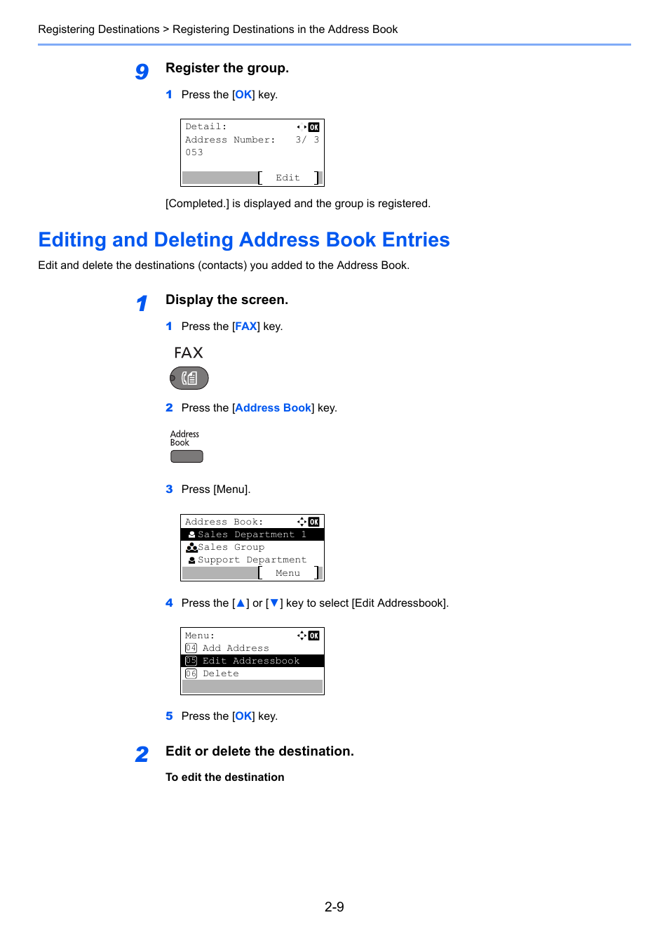 Editing and deleting address book entries, Editing and deleting address book entries -9 | TA Triumph-Adler 2256 User Manual | Page 35 / 152
