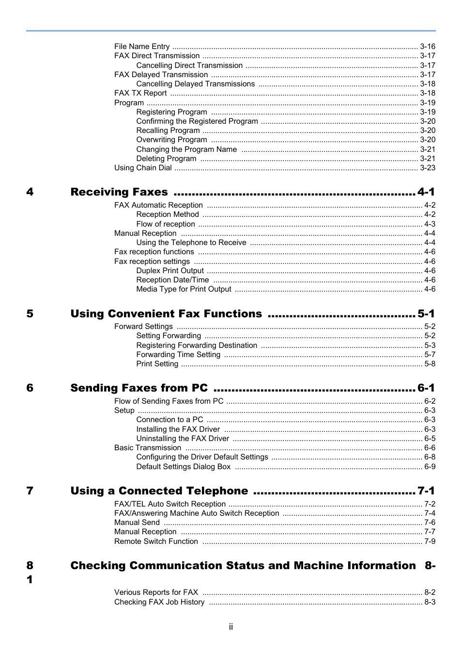4receiving faxes -1, 5using convenient fax functions -1, 6sending faxes from pc -1 | 7using a connected telephone -1 | TA Triumph-Adler 2256 User Manual | Page 4 / 152