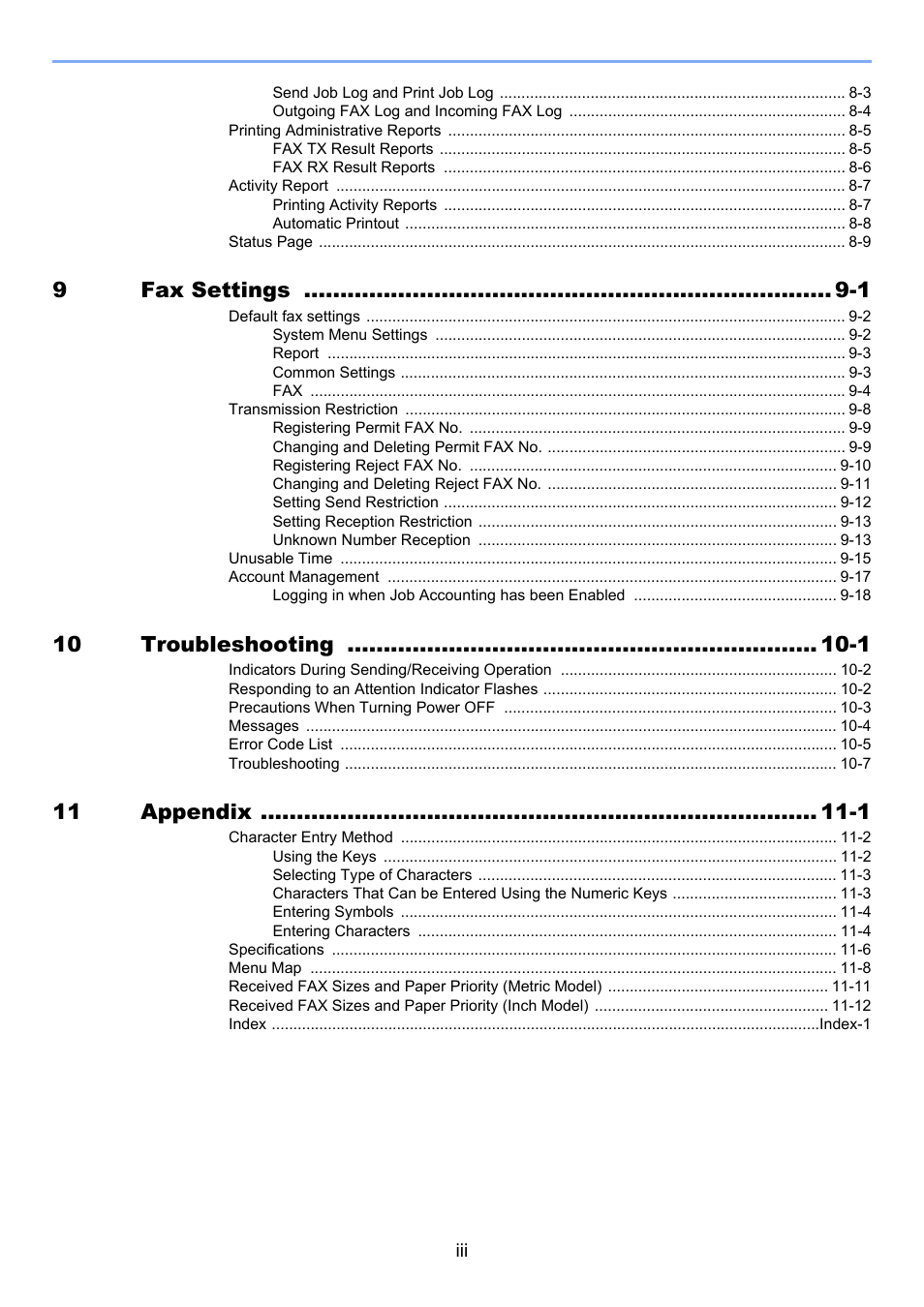 9fax settings -1, 10 troubleshooting -1, 11 appendix -1 | TA Triumph-Adler 2256 User Manual | Page 5 / 152