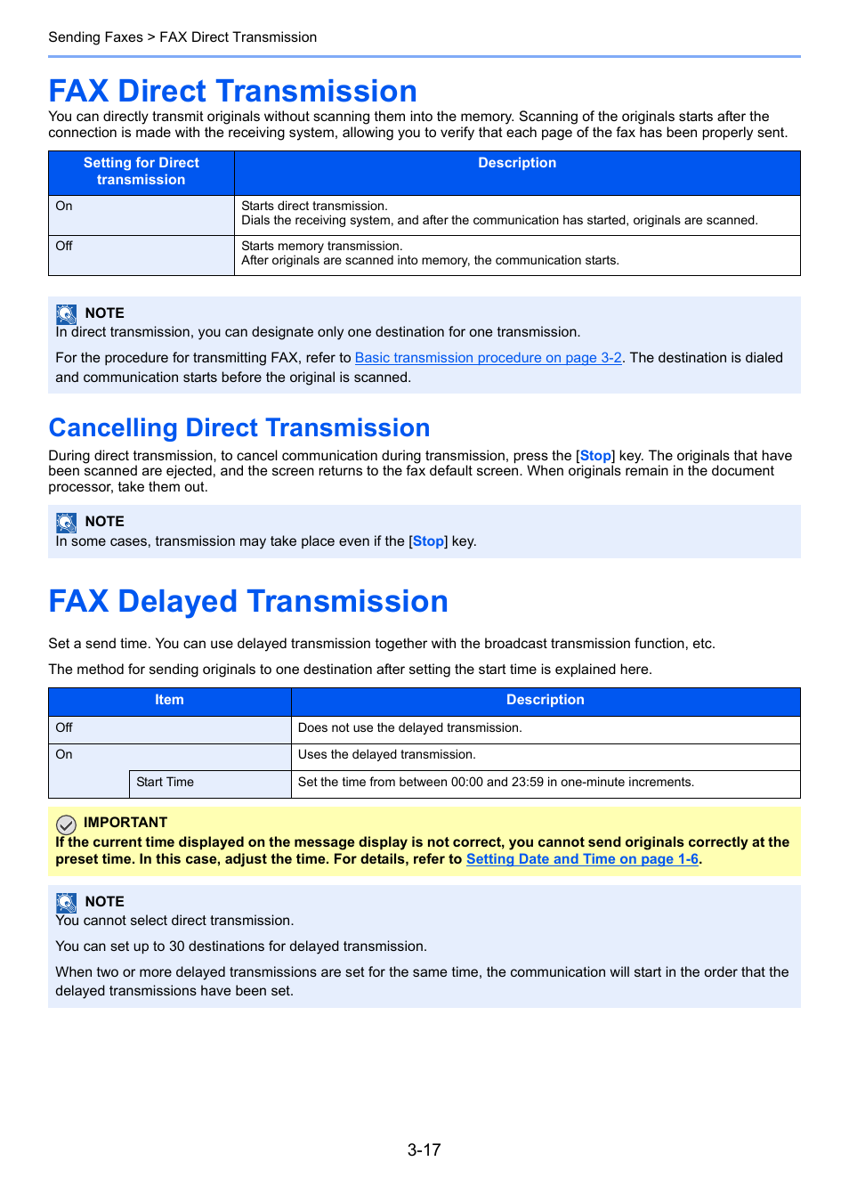 Fax direct transmission, Cancelling direct transmission, Fax delayed transmission | Fax direct transmission -17, Cancelling direct transmission -17, Fax delayed transmission -17 | TA Triumph-Adler 2256 User Manual | Page 56 / 152