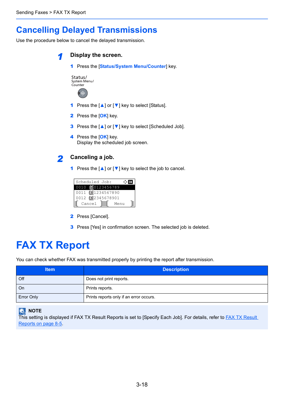Cancelling delayed transmissions, Fax tx report, Cancelling delayed transmissions -18 | Fax tx report -18 | TA Triumph-Adler 2256 User Manual | Page 57 / 152