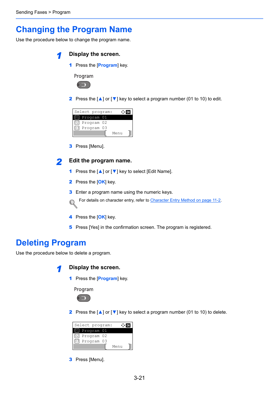 Changing the program name, Deleting program, Changing the program name -21 deleting program -21 | Changing the program name -21 | TA Triumph-Adler 2256 User Manual | Page 60 / 152