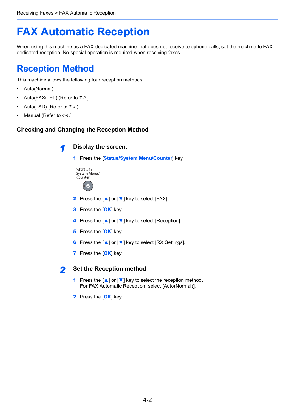 Fax automatic reception, Reception method, Fax automatic reception -2 | Reception method -2 | TA Triumph-Adler 2256 User Manual | Page 65 / 152