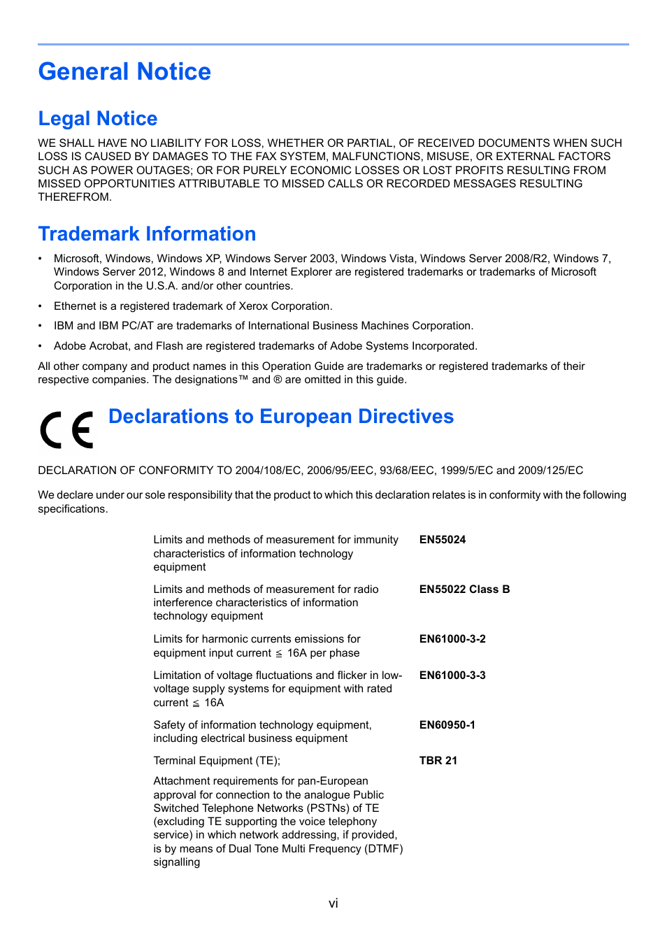 General notice, Legal notice, Trademark information | Declarations to european directives | TA Triumph-Adler 2256 User Manual | Page 8 / 152