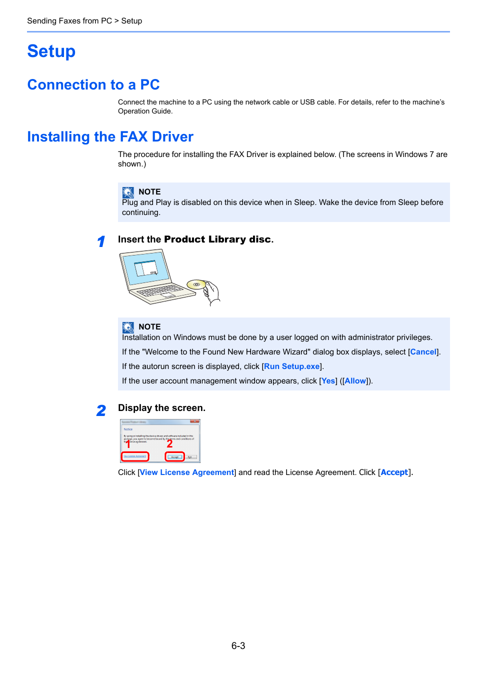 Setup, Connection to a pc, Installing the fax driver | Setup -3, Connection to a pc -3 installing the fax driver -3 | TA Triumph-Adler 2256 User Manual | Page 83 / 152