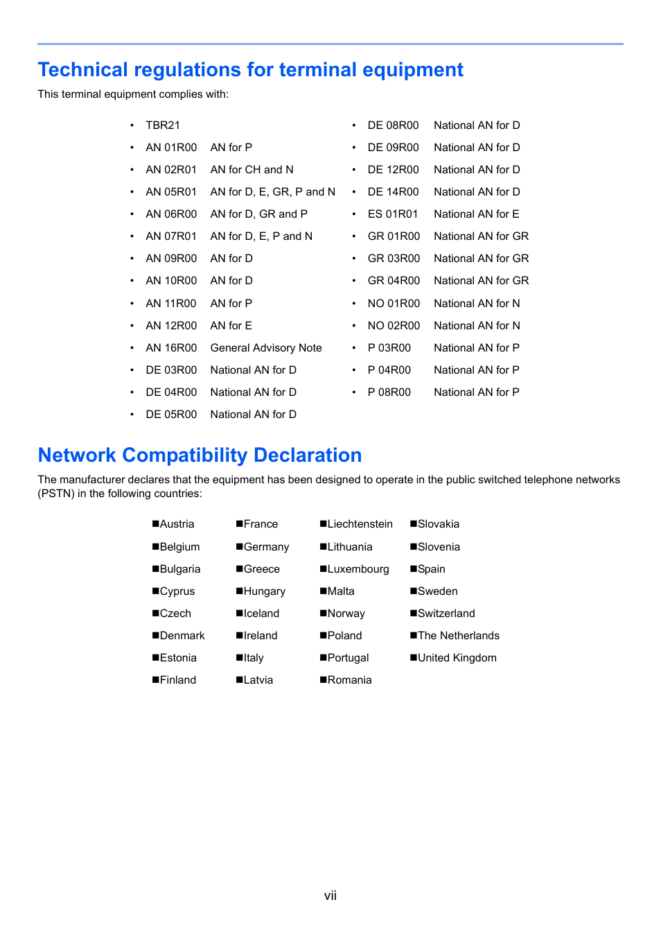 Technical regulations for terminal equipment, Network compatibility declaration | TA Triumph-Adler 2256 User Manual | Page 9 / 152