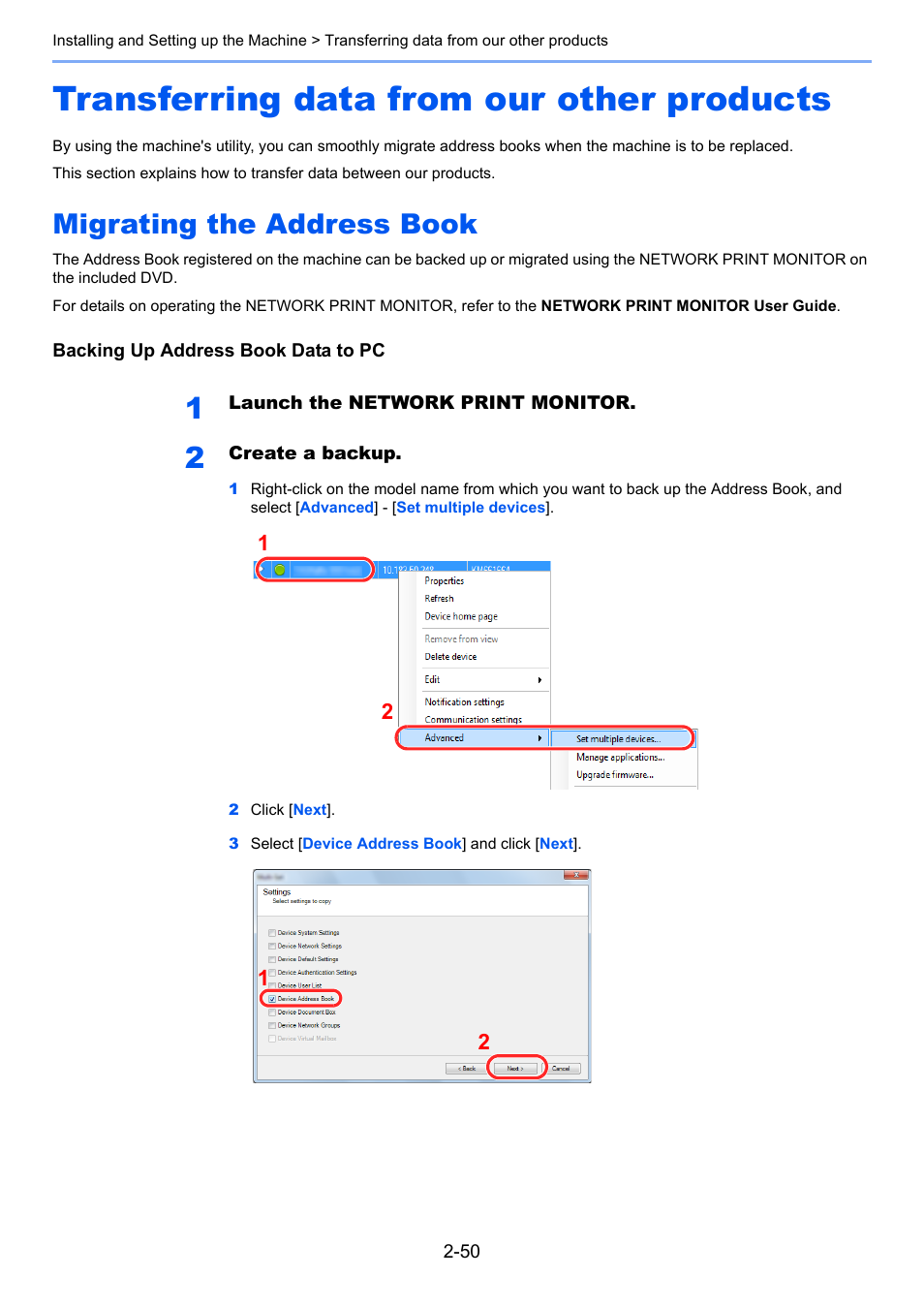 Transferring data from our other products, Migrating the address book, Transferring data from our other products -50 | Migrating the address book -50 | TA Triumph-Adler 2500ci User Manual | Page 108 / 530