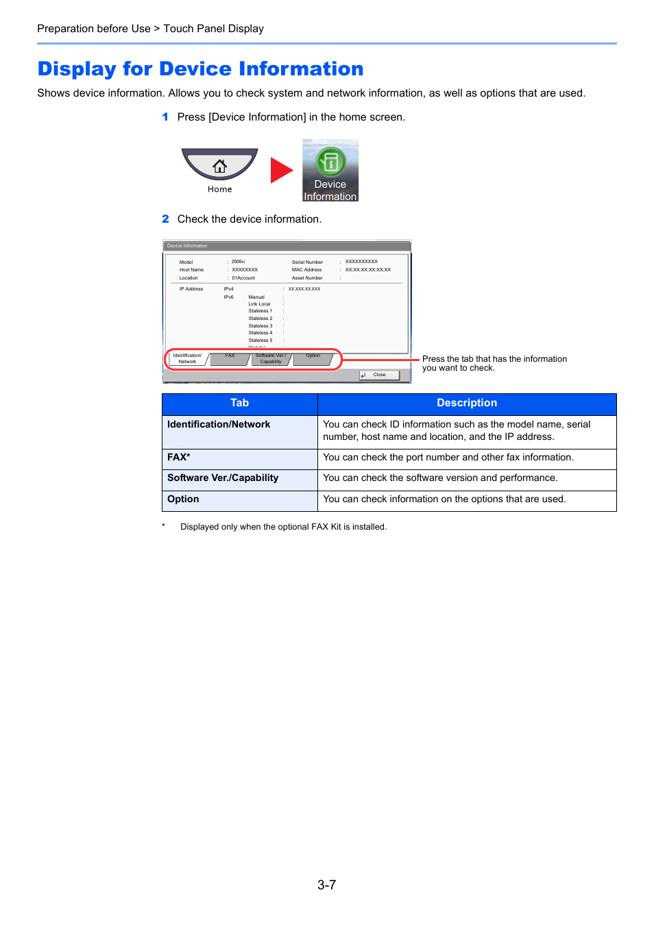 Display for device information, Display for device information -7, Preparation before use > touch panel display | Tab description, Device information | TA Triumph-Adler 2500ci User Manual | Page 119 / 530