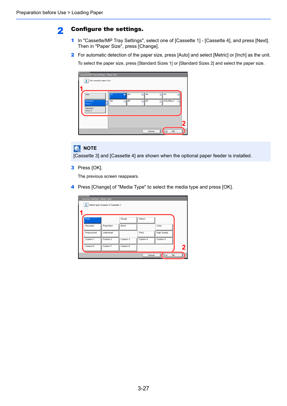 Configure the settings, Preparation before use > loading paper, 3press [ok | TA Triumph-Adler 2500ci User Manual | Page 139 / 530