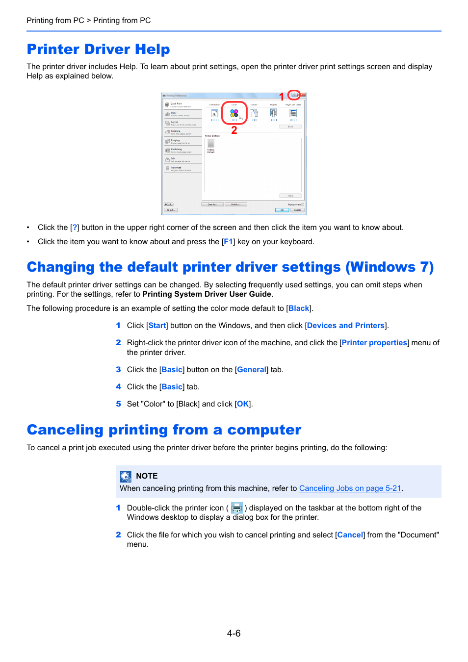 Printer driver help, Canceling printing from a computer | TA Triumph-Adler 2500ci User Manual | Page 168 / 530