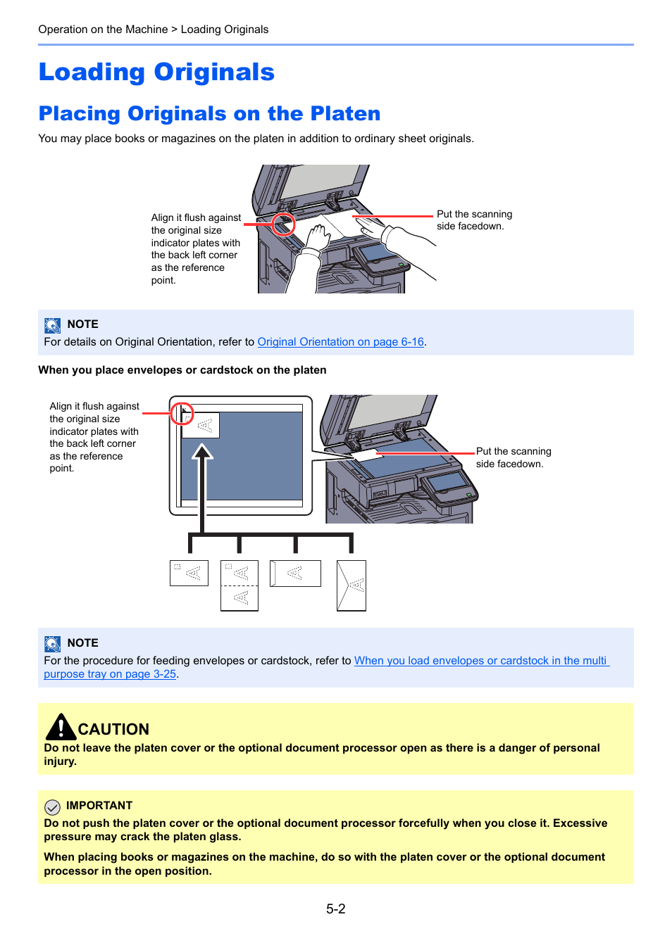 Loading originals, Placing originals on the platen, Loading originals -2 | Placing originals on the platen -2, Caution | TA Triumph-Adler 2500ci User Manual | Page 176 / 530