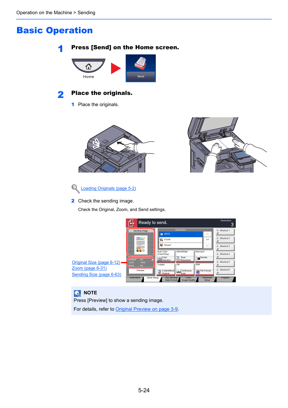 Basic operation, Basic operation -24, Press [send] on the home screen | Place the originals, Operation on the machine > sending, 1place the originals. 2 check the sending image | TA Triumph-Adler 2500ci User Manual | Page 198 / 530