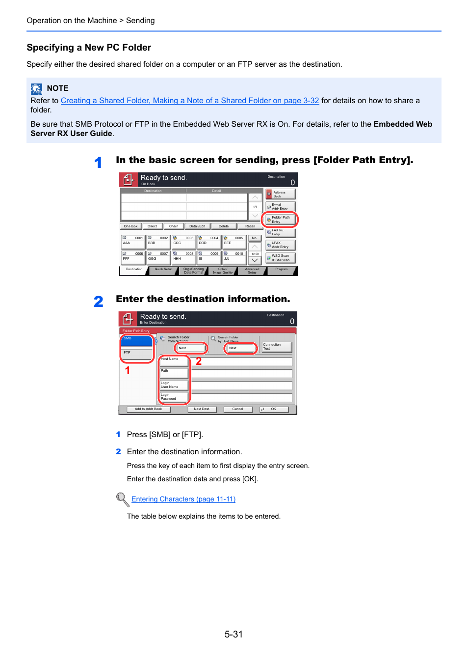 Specifying a new pc folder, Enter the destination information, Operation on the machine > sending | Entering characters (page 11-11) | TA Triumph-Adler 2500ci User Manual | Page 205 / 530