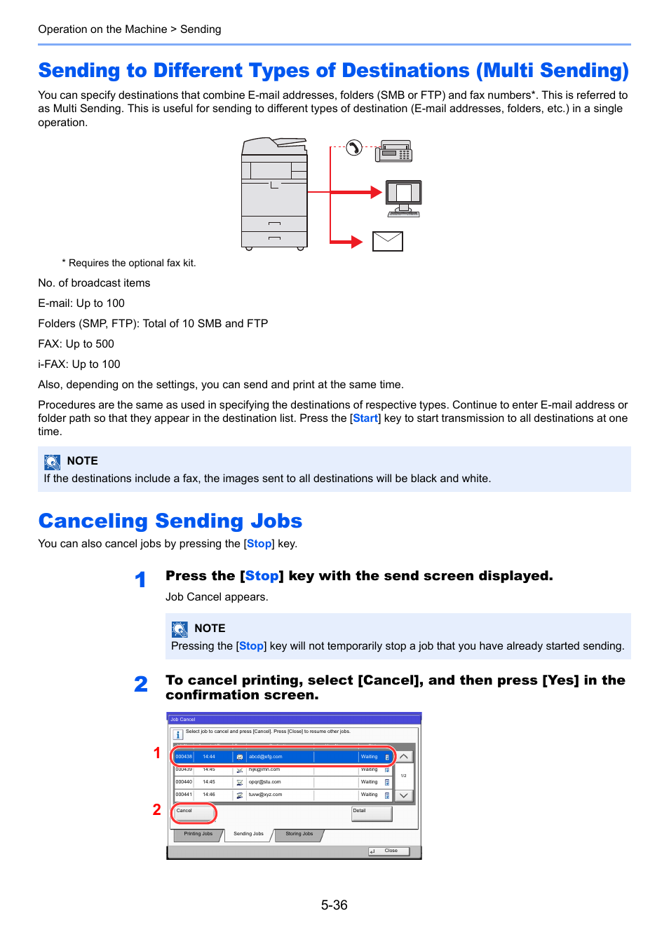 Canceling sending jobs, Canceling sending jobs -36, Sending to different types of destinations (multi | TA Triumph-Adler 2500ci User Manual | Page 210 / 530