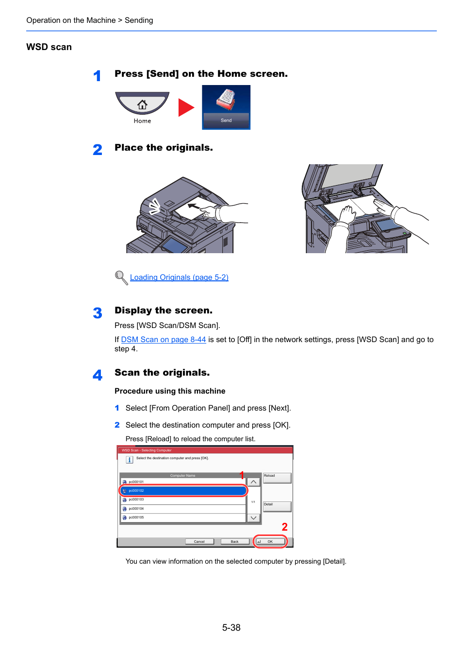 Wsd scan, Press [send] on the home screen, Place the originals | Display the screen, Scan the originals | TA Triumph-Adler 2500ci User Manual | Page 212 / 530