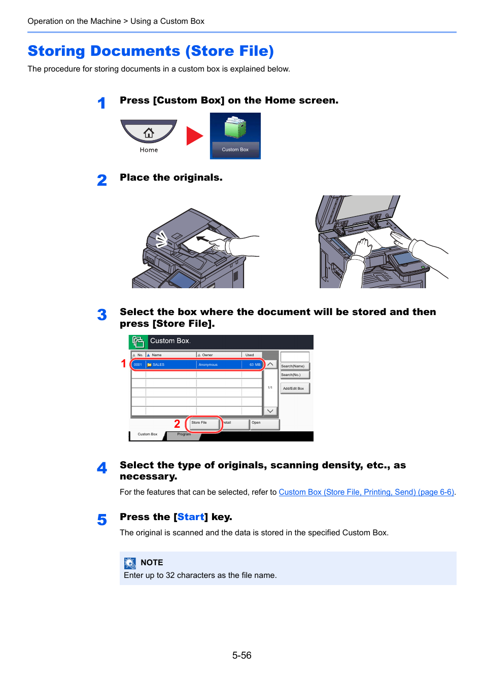 Storing documents (store file), Storing documents (store file) -56, Press [custom box] on the home screen | Place the originals, Press the [ start ] key | TA Triumph-Adler 2500ci User Manual | Page 230 / 530