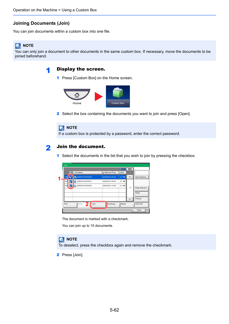 Joining documents (join), Display the screen, Join the document | Operation on the machine > using a custom box | TA Triumph-Adler 2500ci User Manual | Page 236 / 530