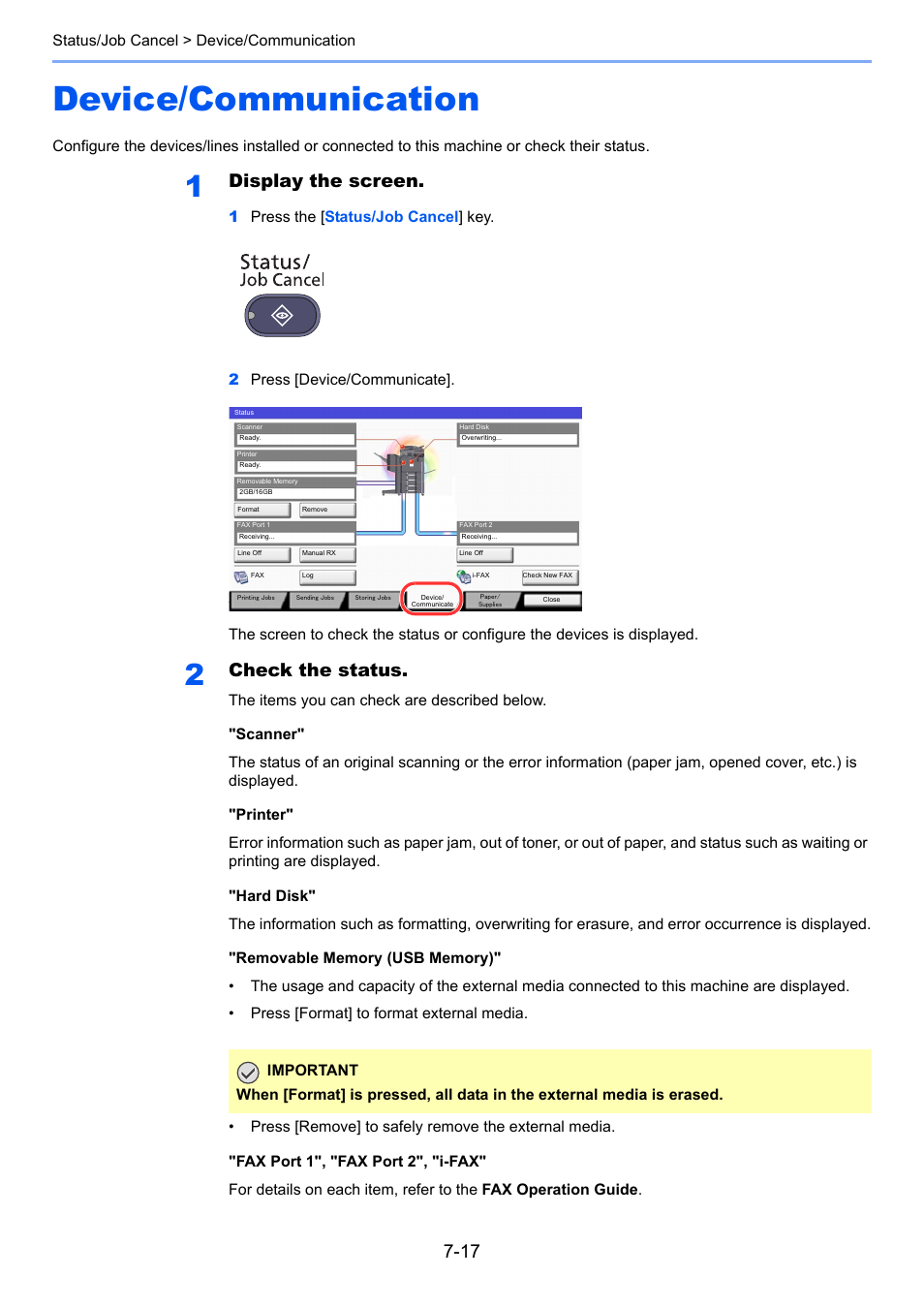 Device/communication, Device/communication -17, Refer to | Display the screen, Check the status | TA Triumph-Adler 2500ci User Manual | Page 335 / 530