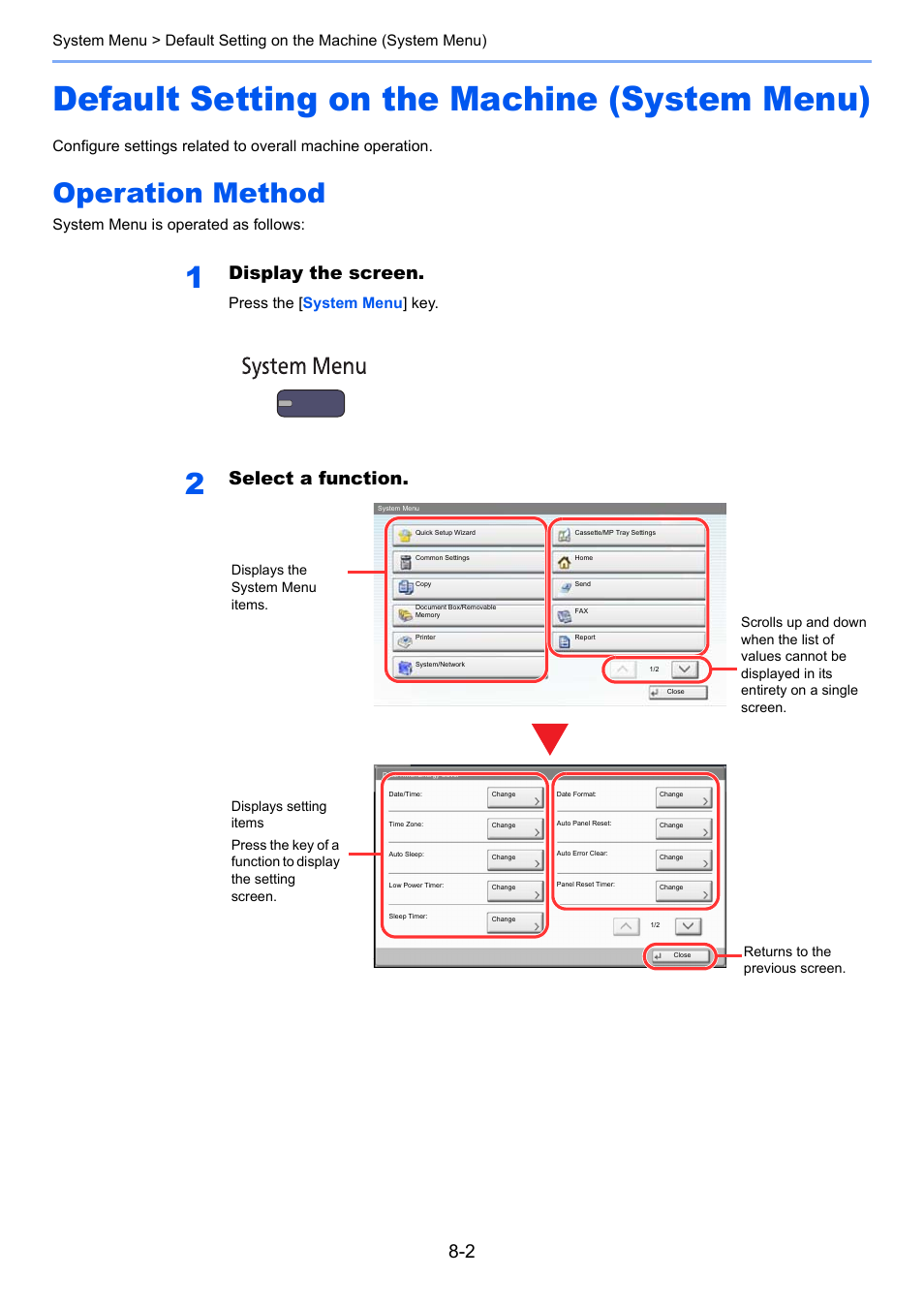 Default setting on the machine (system menu), Operation method, Default setting on the machine (system menu) -2 | Operation method -2, Display the screen, Select a function, System menu is operated as follows, Press the [ system menu ] key | TA Triumph-Adler 2500ci User Manual | Page 338 / 530
