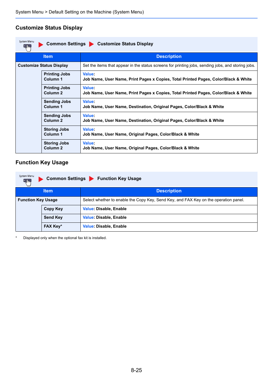 Customize status, This se, Customize status display function key usage | TA Triumph-Adler 2500ci User Manual | Page 361 / 530