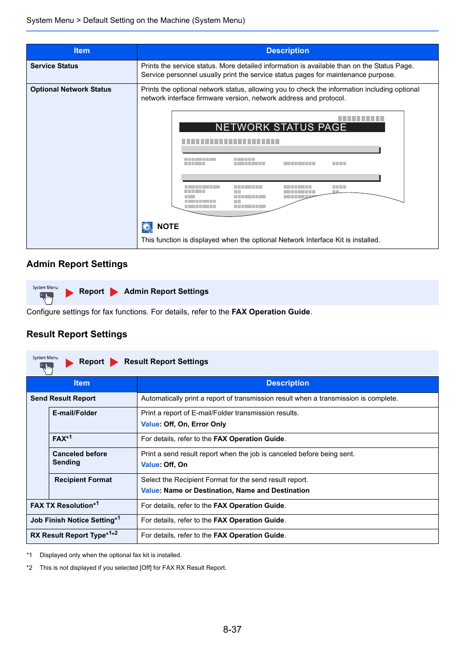 Admin report settings, Result report settings, Network status page | TA Triumph-Adler 2500ci User Manual | Page 373 / 530