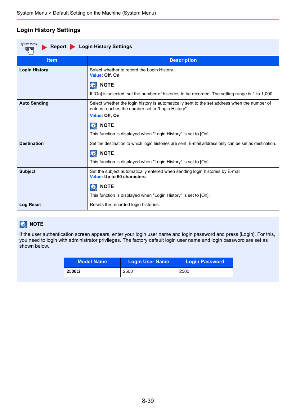 Login history settings | TA Triumph-Adler 2500ci User Manual | Page 375 / 530