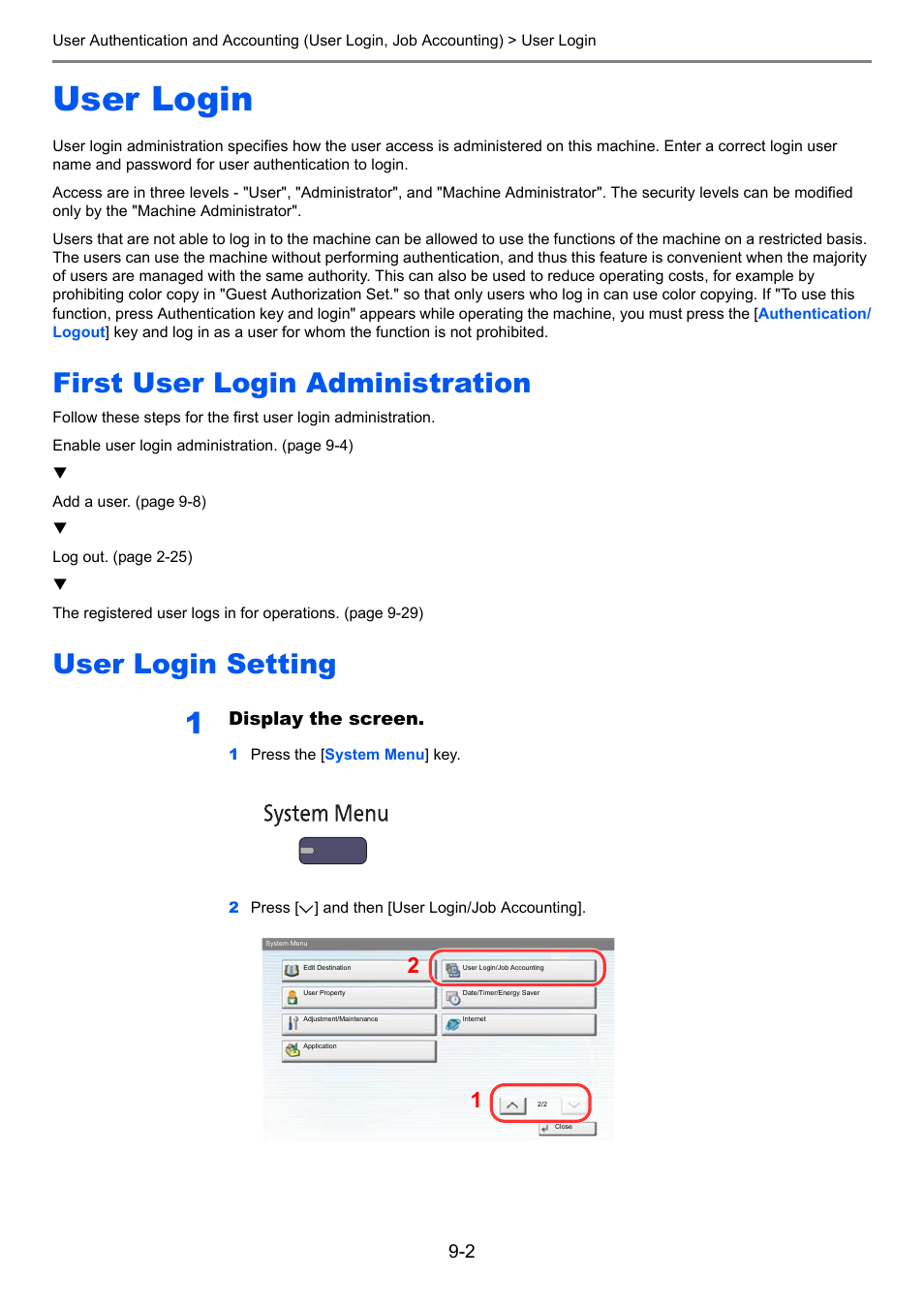 User login, First user login administration, User login setting | User login -2, Display the screen | TA Triumph-Adler 2500ci User Manual | Page 396 / 530
