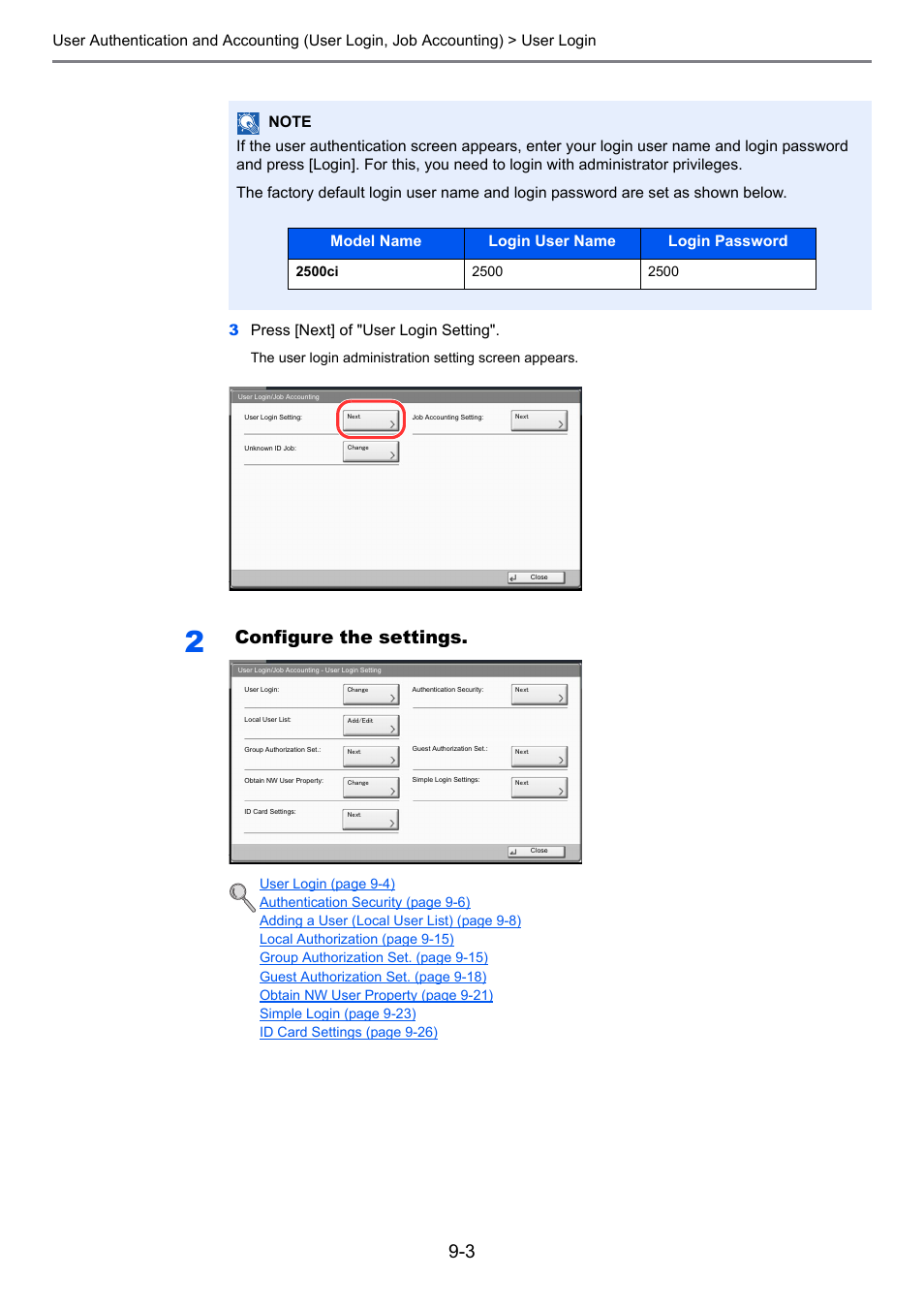 Configure the settings, Model name login user name login password | TA Triumph-Adler 2500ci User Manual | Page 397 / 530