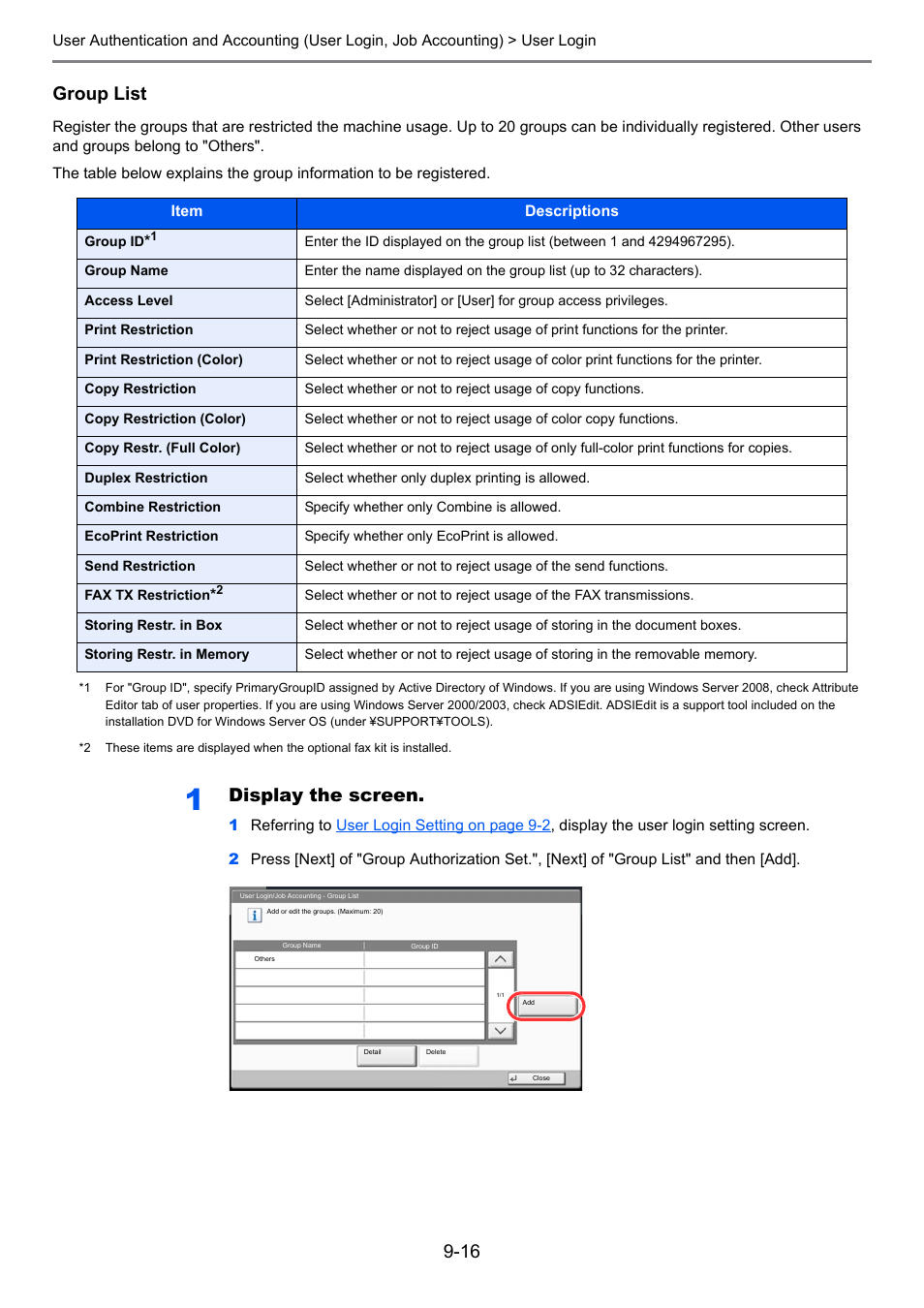 Group list, Display the screen | TA Triumph-Adler 2500ci User Manual | Page 410 / 530