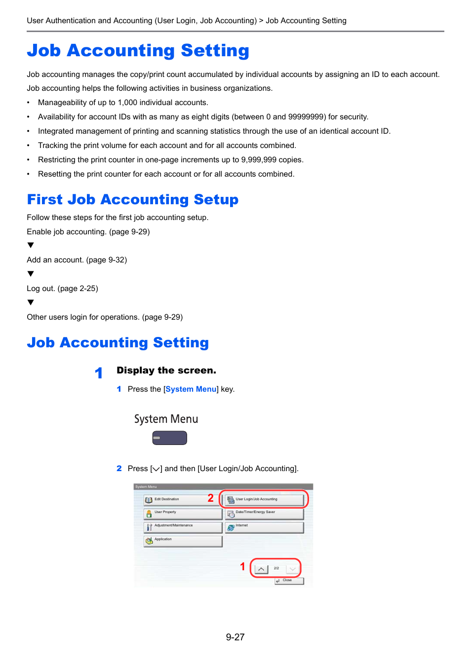 Job accounting setting, First job accounting setup, Job accounting setting -27 | Display the screen | TA Triumph-Adler 2500ci User Manual | Page 421 / 530