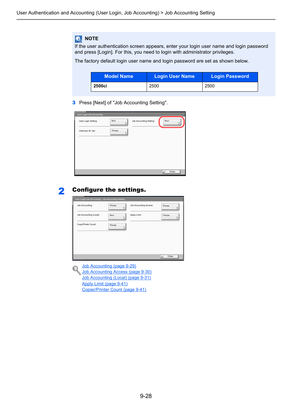 Configure the settings, Model name login user name login password | TA Triumph-Adler 2500ci User Manual | Page 422 / 530