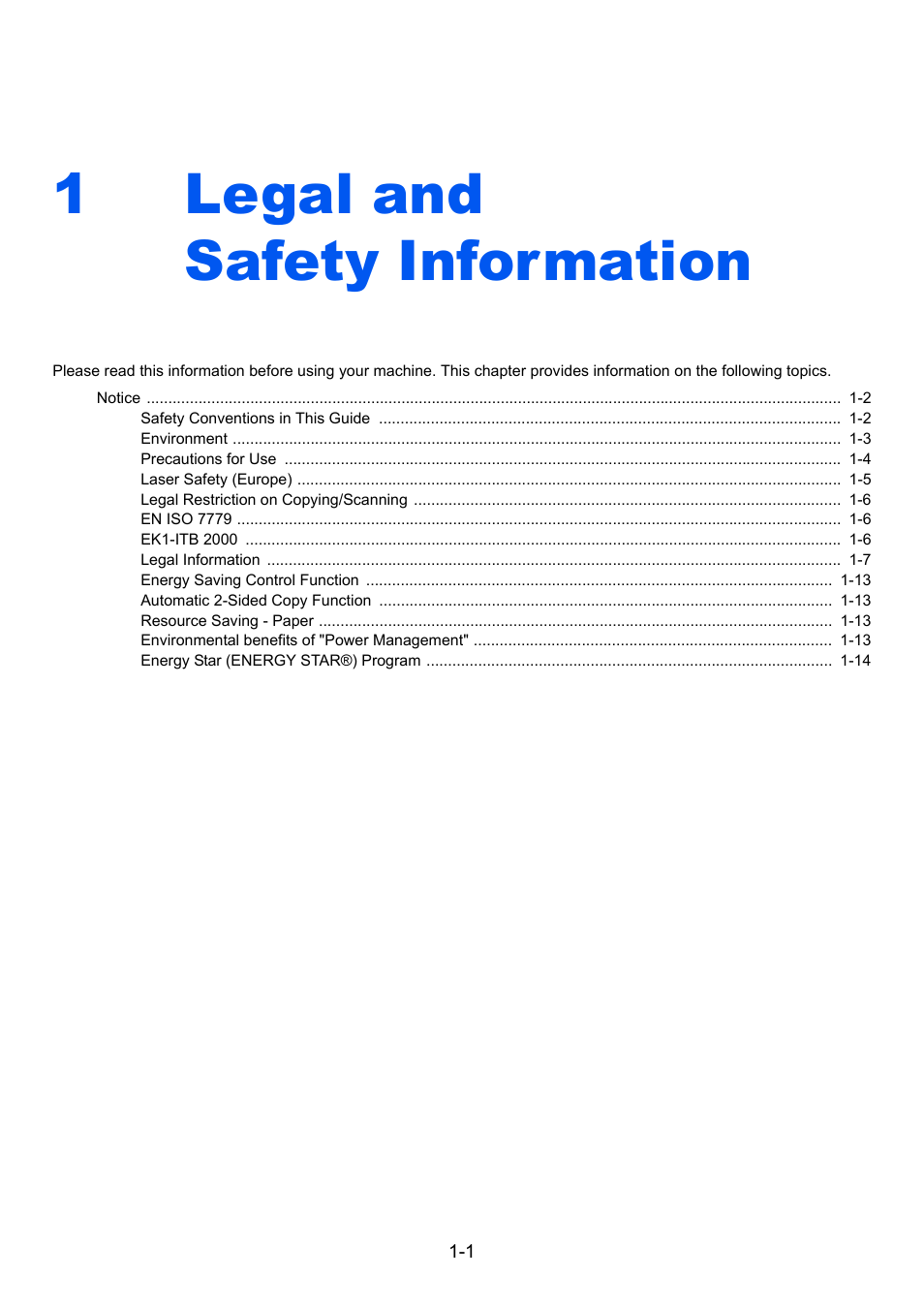 1 legal and safety information, Legal and safety information, Legal and safety information -1 | 1legal and safety information | TA Triumph-Adler 2500ci User Manual | Page 45 / 530