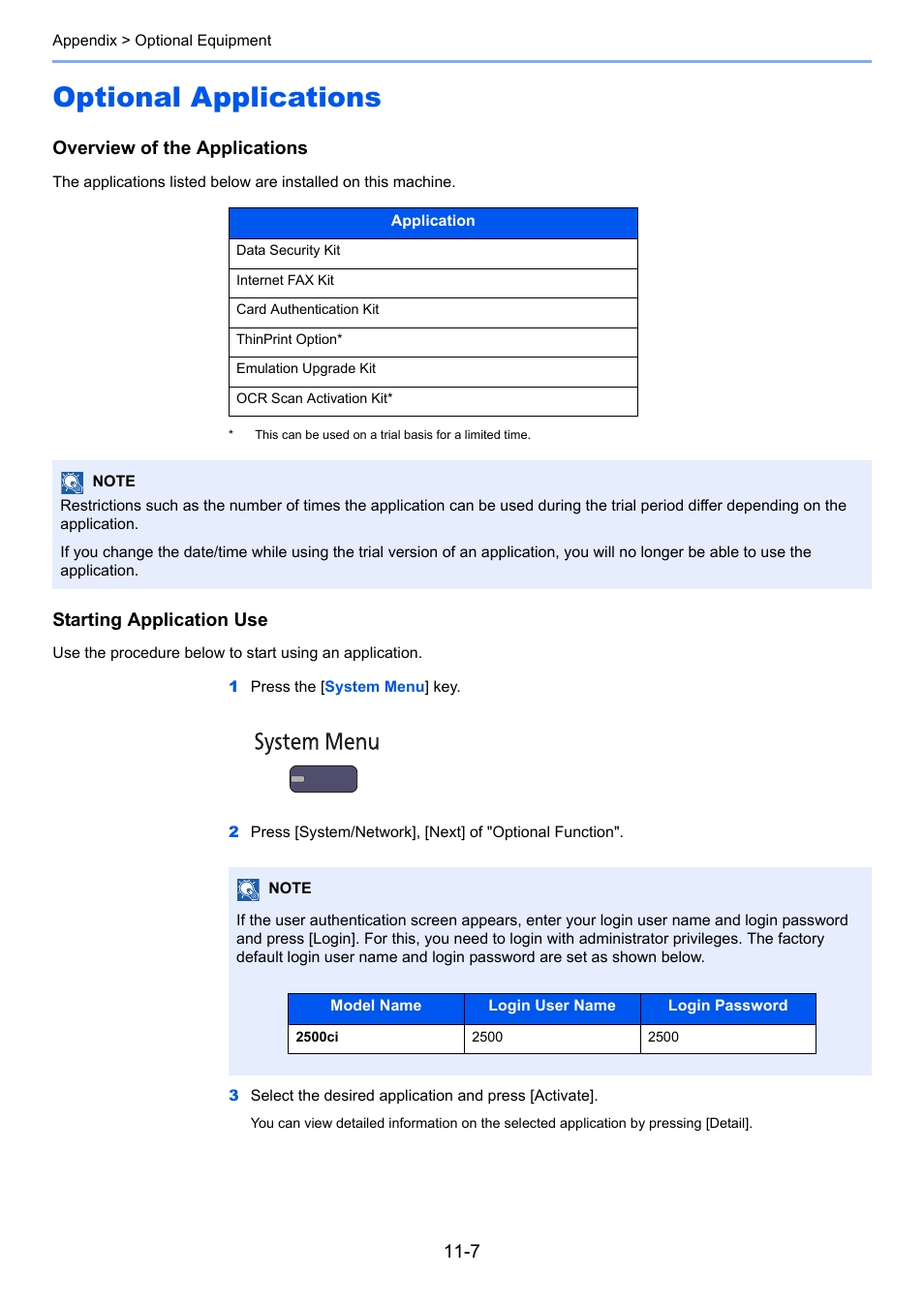 Optional applications, Optional applications -7, Overview of the applications | Starting application use | TA Triumph-Adler 2500ci User Manual | Page 493 / 530