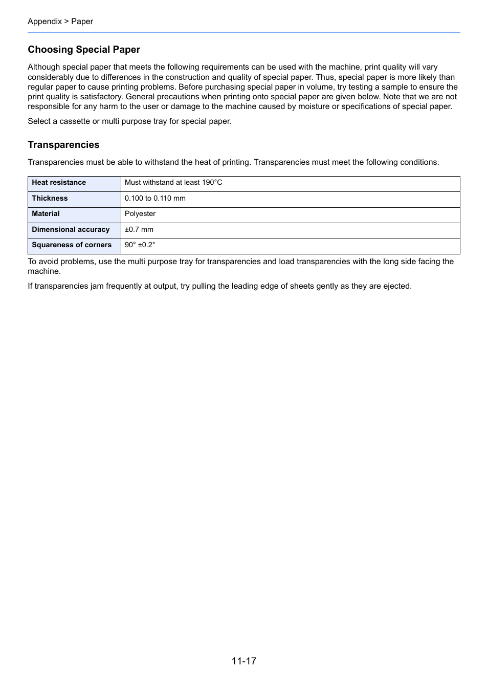 Choosing special paper, Transparencies | TA Triumph-Adler 2500ci User Manual | Page 503 / 530