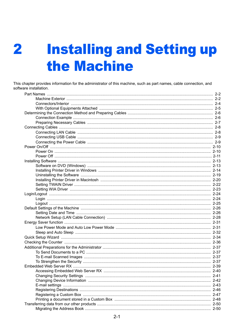 2 installing and setting up the machine, Installing and, Installing and setting up the machine | Installing and setting up the machine -1, 2installing and setting up the machine | TA Triumph-Adler 2500ci User Manual | Page 59 / 530