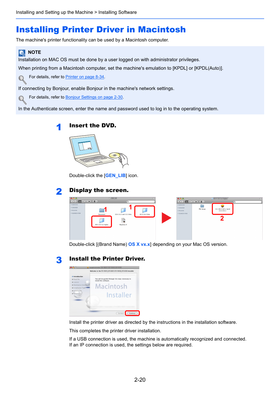 Installing printer driver in macintosh, Installing printer driver in macintosh -20 | TA Triumph-Adler 2500ci User Manual | Page 78 / 530