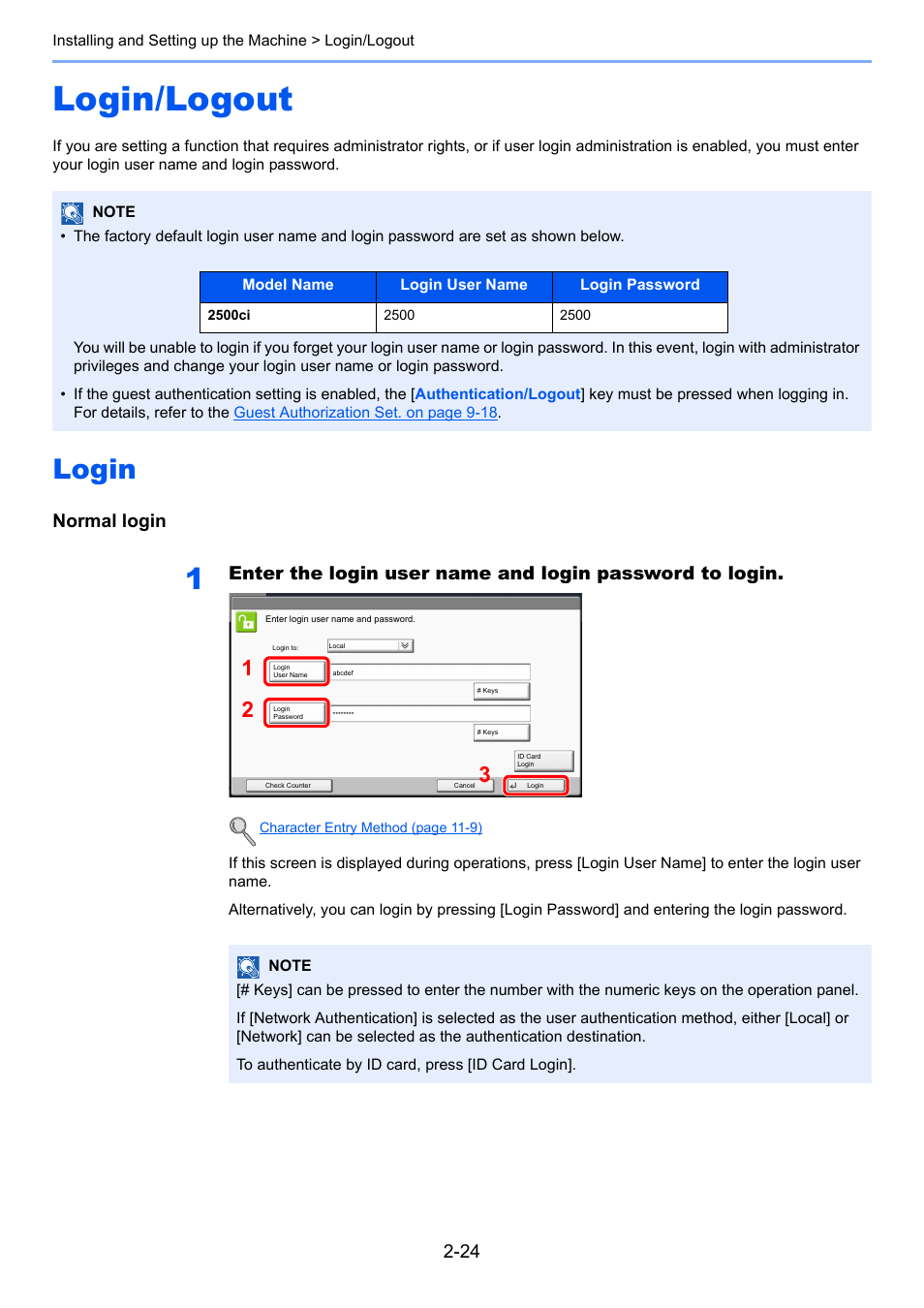 Login/logout, Login, Login/logout -24 | Login -24, Normal login | TA Triumph-Adler 2500ci User Manual | Page 82 / 530