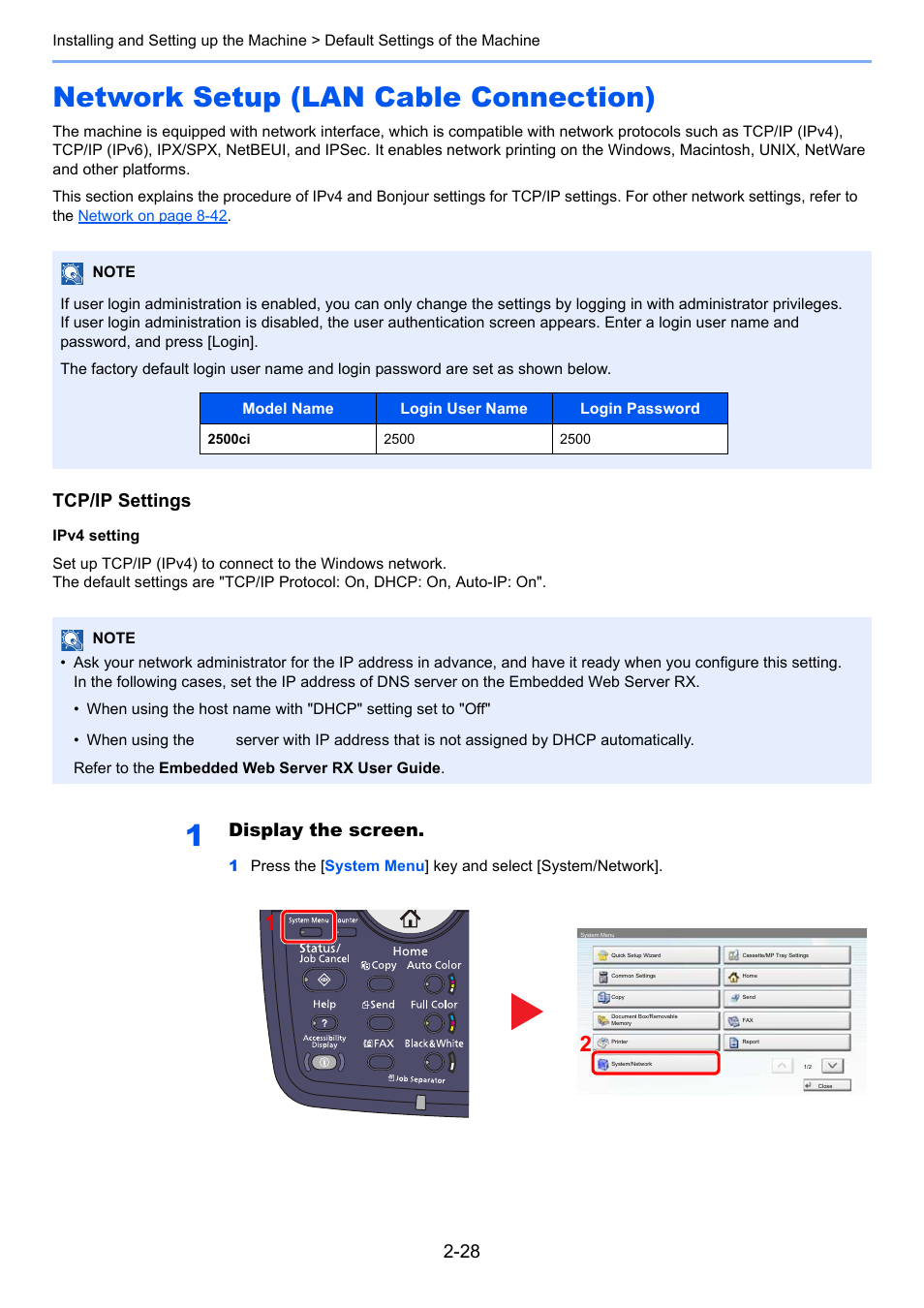 Network setup (lan cable connection), Network setup (lan cable connection) -28, Tcp/ip settings | Display the screen | TA Triumph-Adler 2500ci User Manual | Page 86 / 530