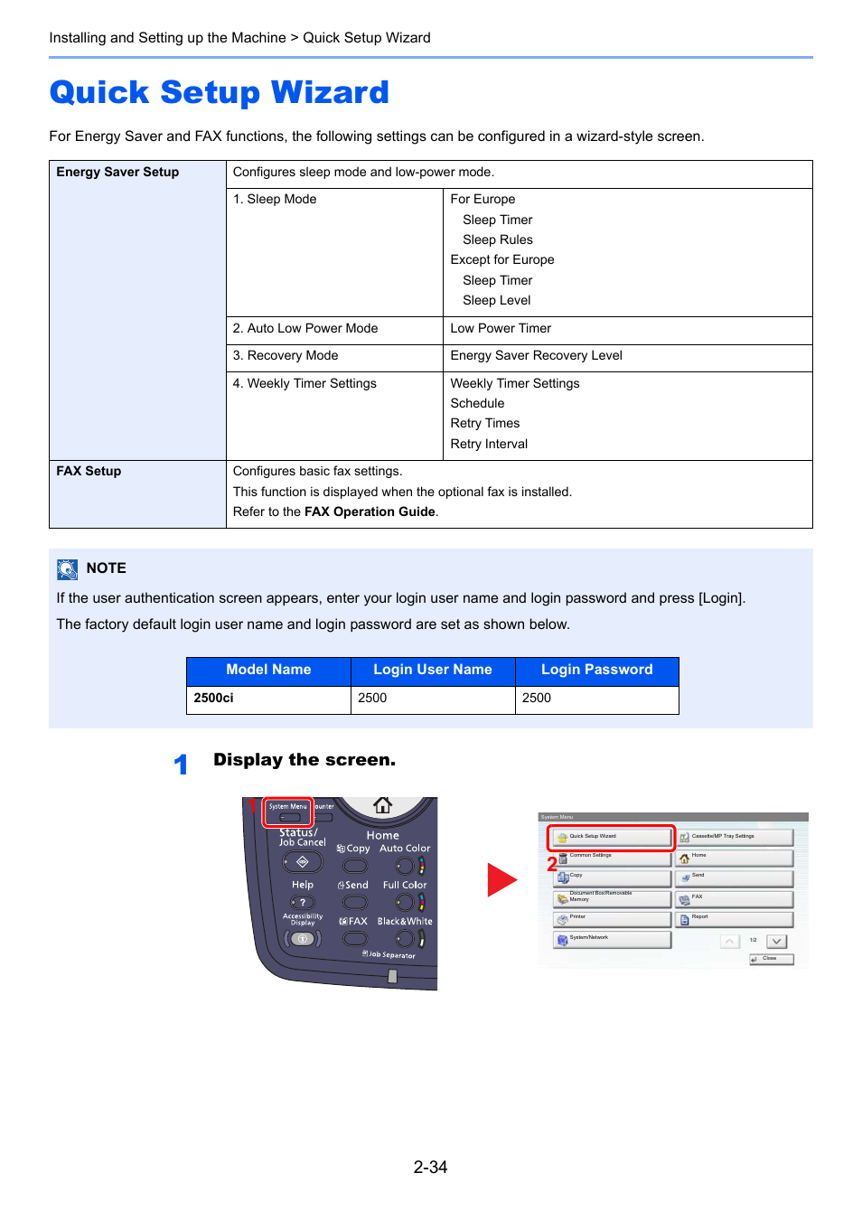 Quick setup wizard, Quick setup wizard -34, R to | Display the screen | TA Triumph-Adler 2500ci User Manual | Page 92 / 530