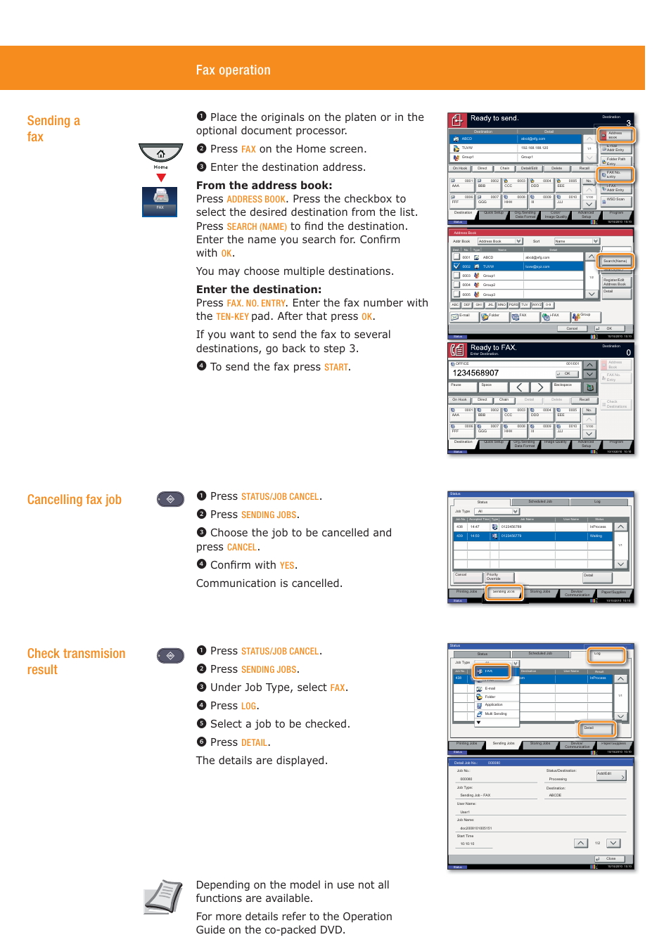 Fax operation, Cancelling fax job, Sending a fax | Check transmision result, Press, Choose the job to be cancelled and press, Communication is cancelled, On the home screen, With, Enter the fax number with the | TA Triumph-Adler 2500ci User Manual | Page 2 / 4