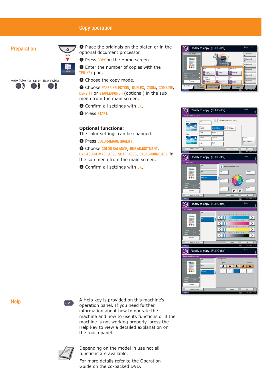 Copy operation, Preparation, Help | Press, On the home screen, Enter the number of copies with the, Choose the copy mode, Choose, Optional) in the sub menu from the main screen, Copy | TA Triumph-Adler 2500ci User Manual | Page 4 / 4